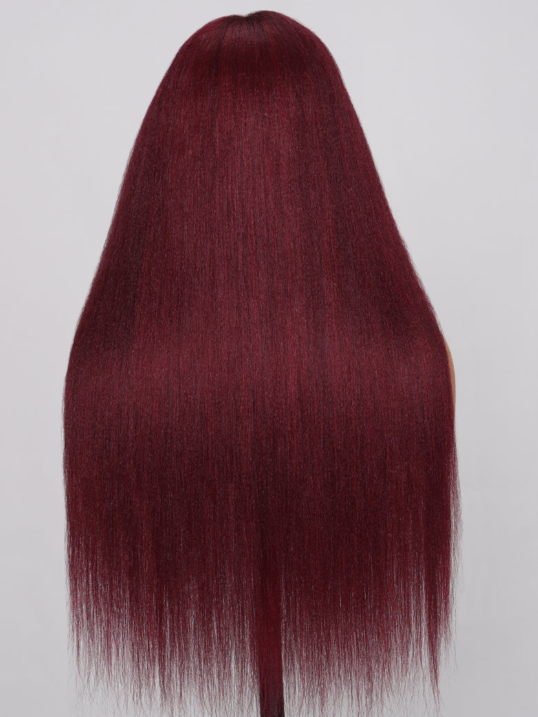 Bye Bye Knots Wig 7x5 Glueless Lace Burgundy Yaki Wig With Bleached Knots