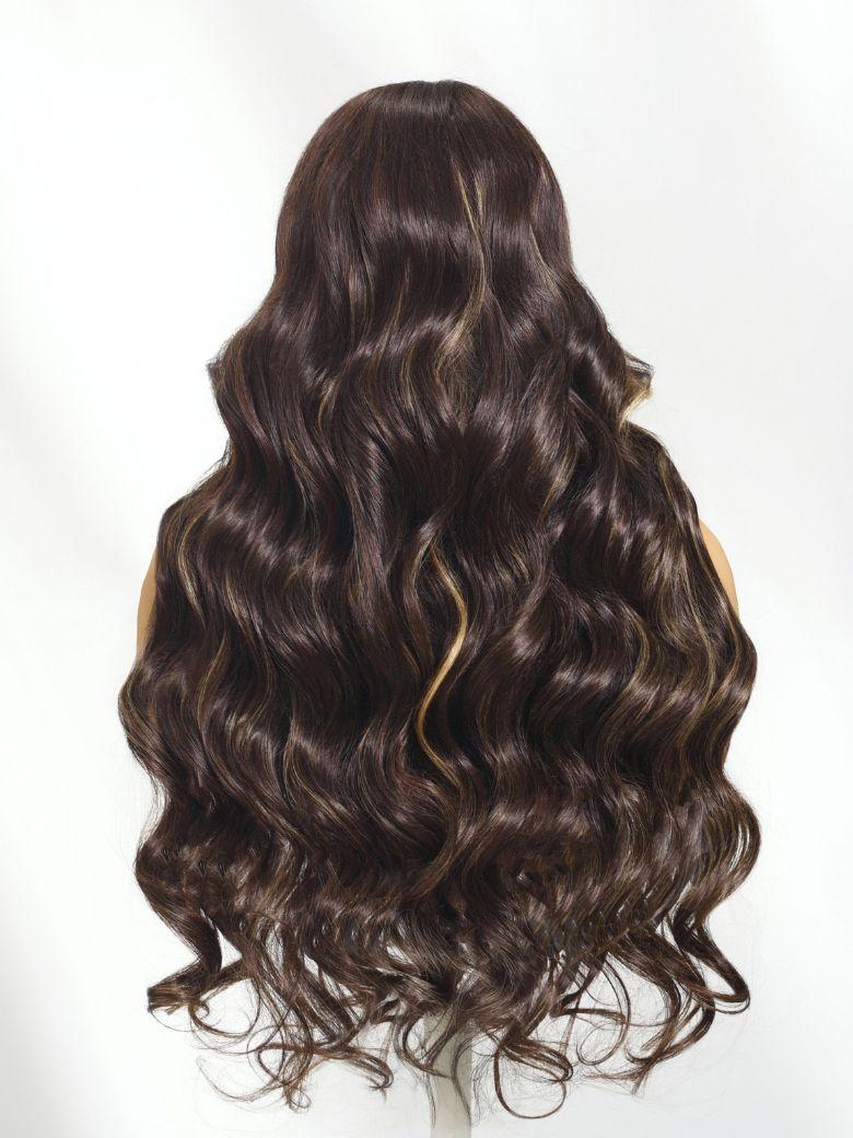 Bye-Bye Knots 7x5 Lace Chocolate Brown Hair With Highlights Loose Wave Wig With Face Framing Layers