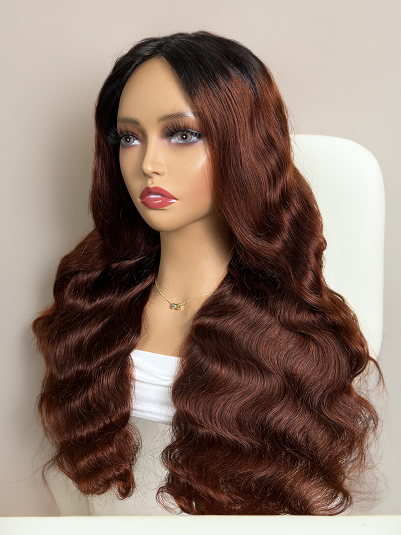 Beginner Friendly Hollow Rose V Part Wig No Glue Throw On & Go Red Brown Body Wave Wig With Dark Roots Flash Deal