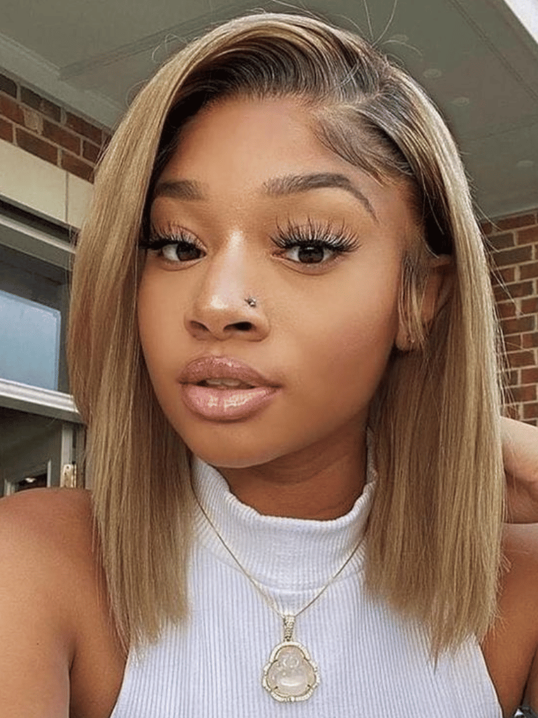 7x5 Bye-Bye Slip Blonde with Brown Roots Side Part Blunt Bob Drawstring Wig 150% Density