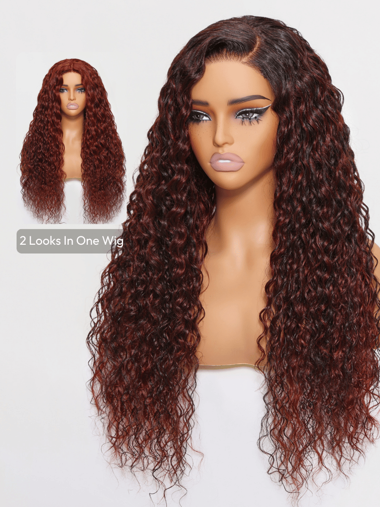 Double Wear 4x4 Water Wave Lace Closure Wig Ombre Auburn & Reddish Brown 2 Styles In 1 Put On And Go Wig