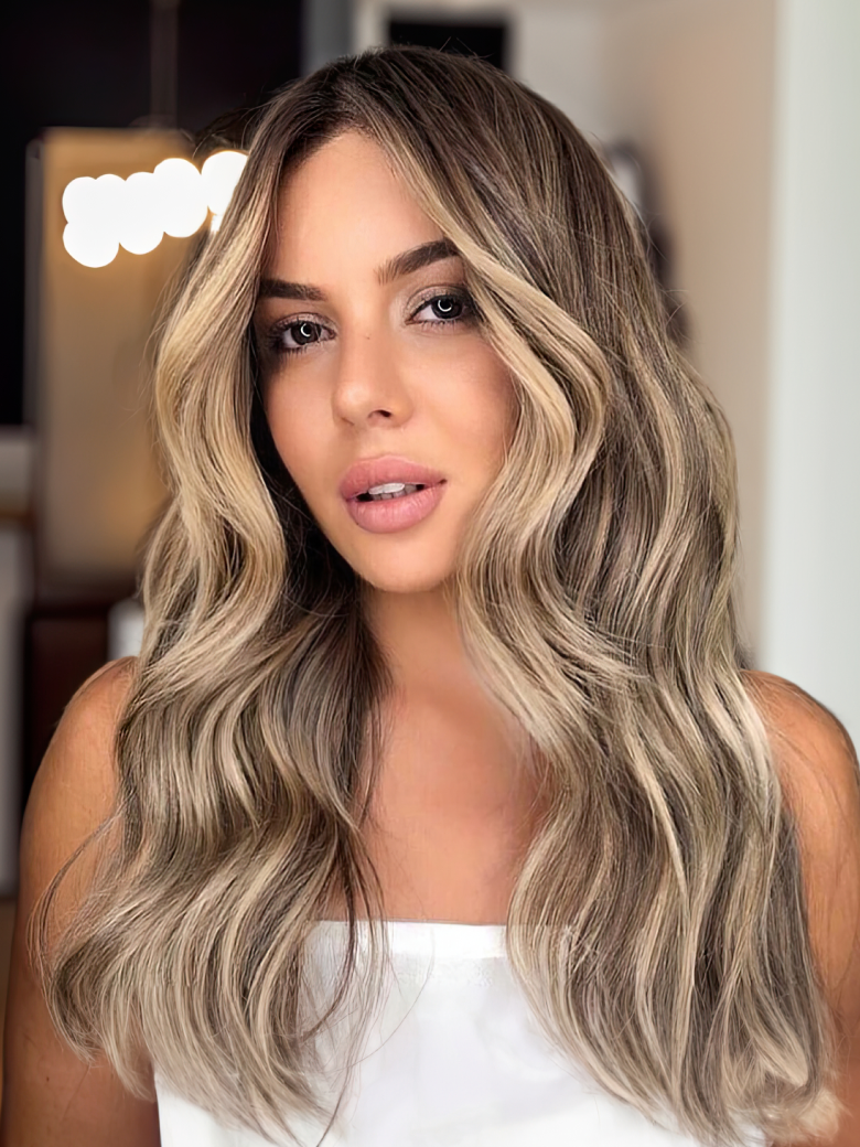 Dark Roots Medium Brown Hair with Highlights Wavy Wig