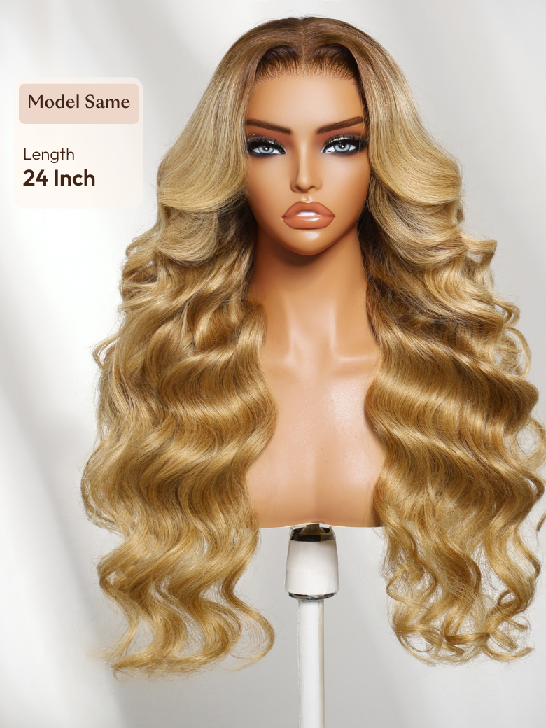 Ash Blonde With Brown Roots No Slip 13x4 Pre-Everything? Lace Frontal Body Wave Wig with Invisi Drawstring