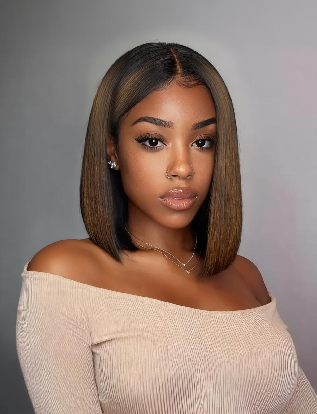 Bye-Bye Knots 7x5 Lace Black to Chestnut Brown Ombre Yaki Bob Wig