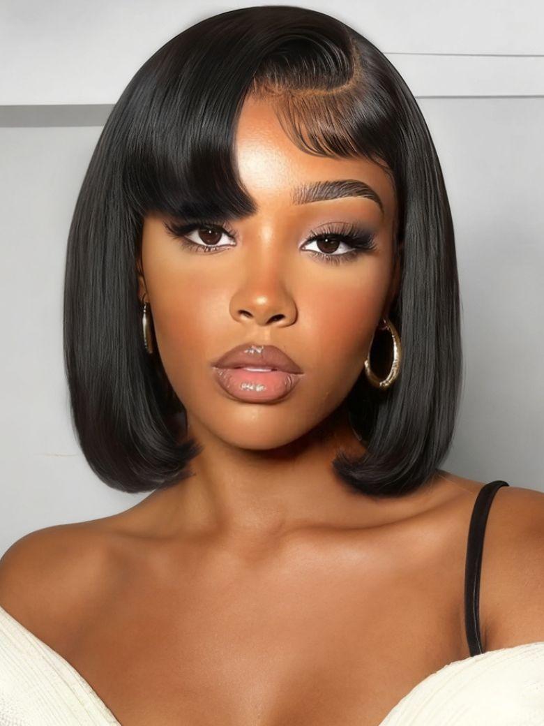 13x4 Pre-Everything? Lace Frontal Natural Black Side Part Bob Drawstring Wig With Side-Swept Bangs