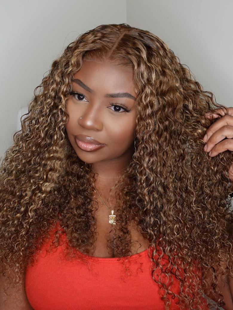 7x5 Glueless Bye Bye Knots Lace Wig Honey Blonde Jerry Curly Bleached Knots Wig 150% Density