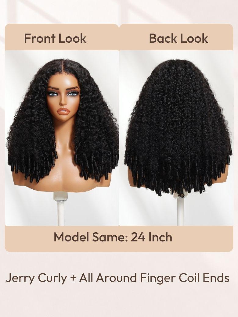 24-inch jerry curly human hair wig: comparison of front and back looks featuring all-around finger coil ends.