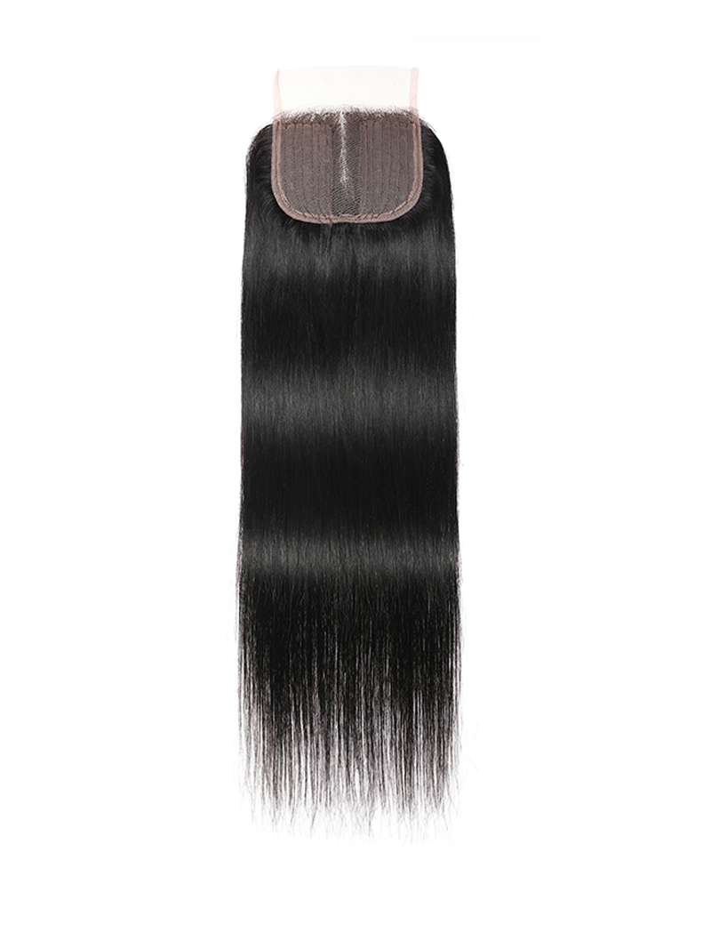 Straight Hair 4 Bundles with T Part Lace Closure Middle Part Closure,Natural Black 100% Virgin Hair