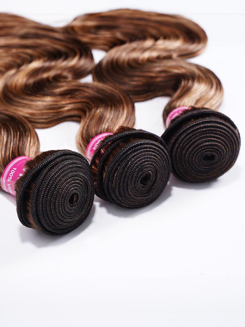 Honey Blonde Piano Highlighted Body Wave 3Pcs Bundles With Closure Deal