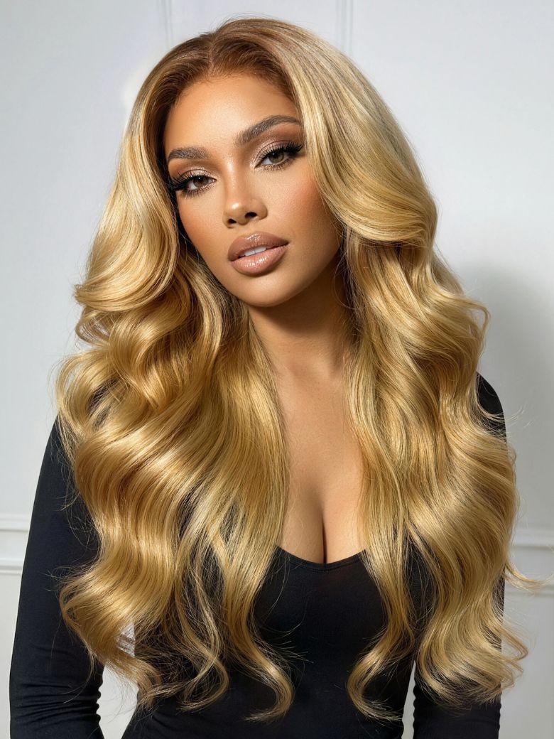 Ash Blonde With Brown Roots No Slip 13x4 Pre-Everything? Lace Frontal Body Wave Wig with Invisi Drawstring