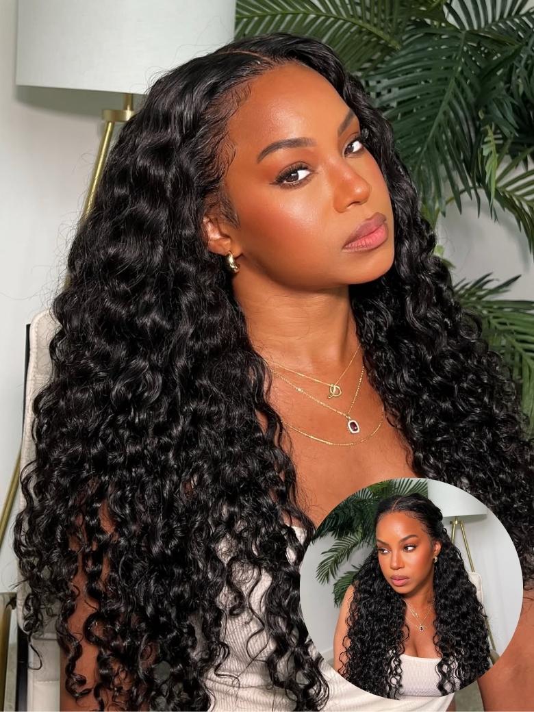 13x4 Pre-Everything? Lace Frontal Bouncy Water Wave Curly Natural Black Drawstring Wig
