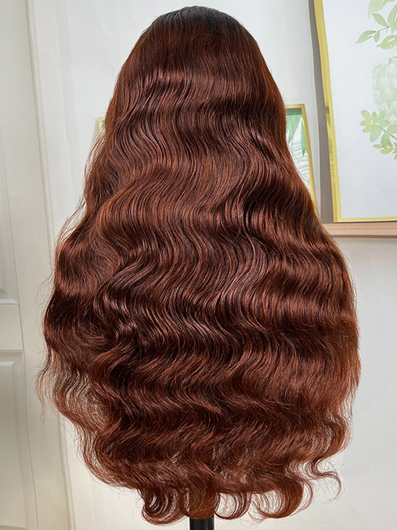 Beginner Friendly Hollow Rose V Part Wig No Glue Throw On & Go Red Brown Body Wave Wig With Dark Roots Flash Deal