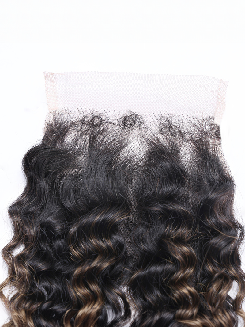 4x4 Lace Closure With 3 Bundles Jerry Curly #FB30 Brown Balayage Color