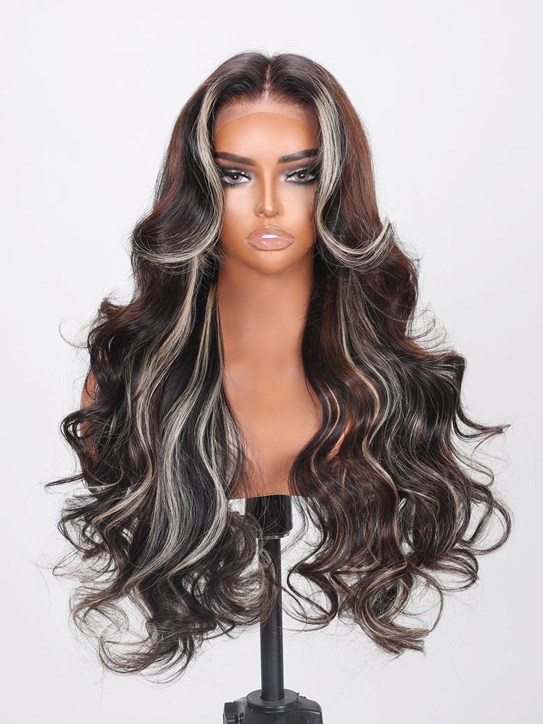13x4 Lace Front Black With Brown & Light Blonde Highlights Loose Wave Wig