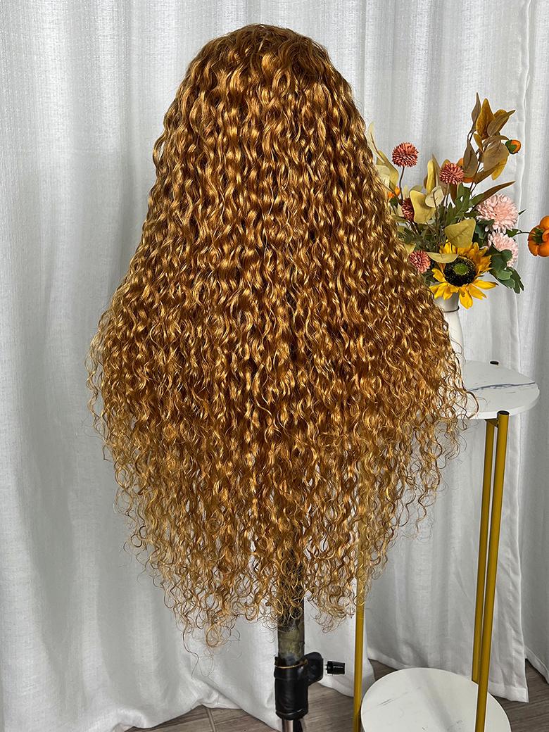 13x4 Lace Front Light Golden Brunette Glossy Water Wave Wig 150% Density