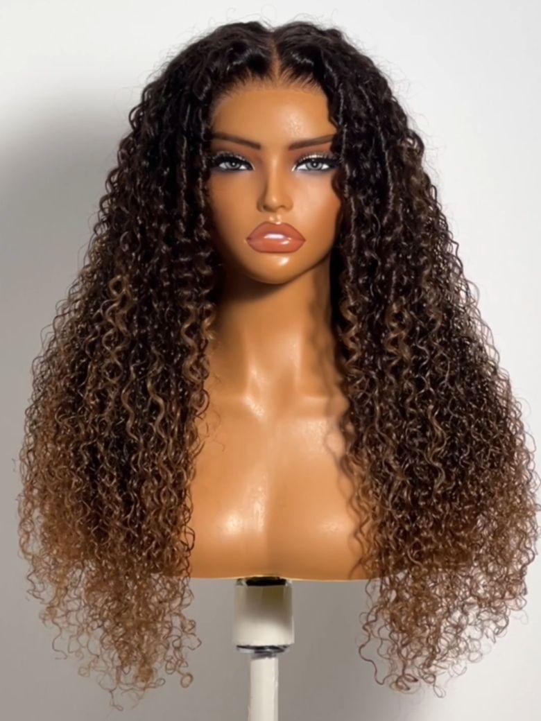 7x5 Bye Bye Slip? Glueless Lace Dark Brown to Caramel Ombre with Dark Roots Jerry Curly Wig with Spiral Curls