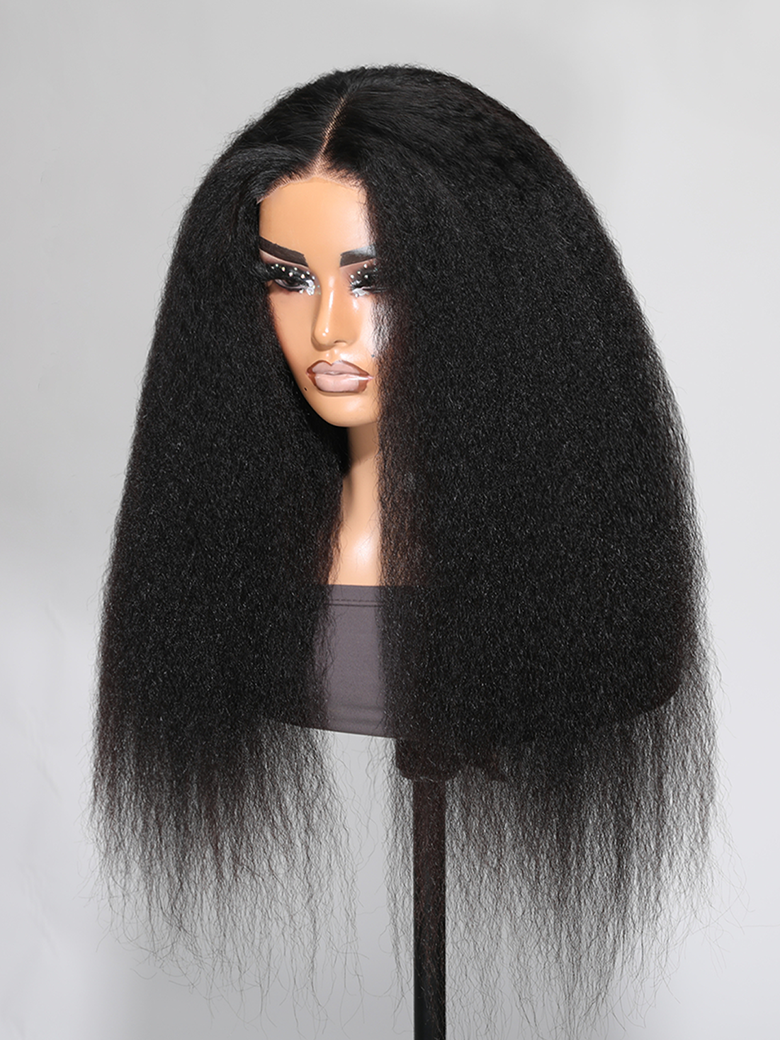 24" Put On And Go Pre Cut Lace 4x4 Closure Kinky Straight 180% Density Black Quick & Easy Glueless Air Wig