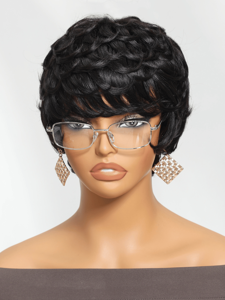 Short Pixie Cut Human Hair Glueless Wig With Wispy Bangs