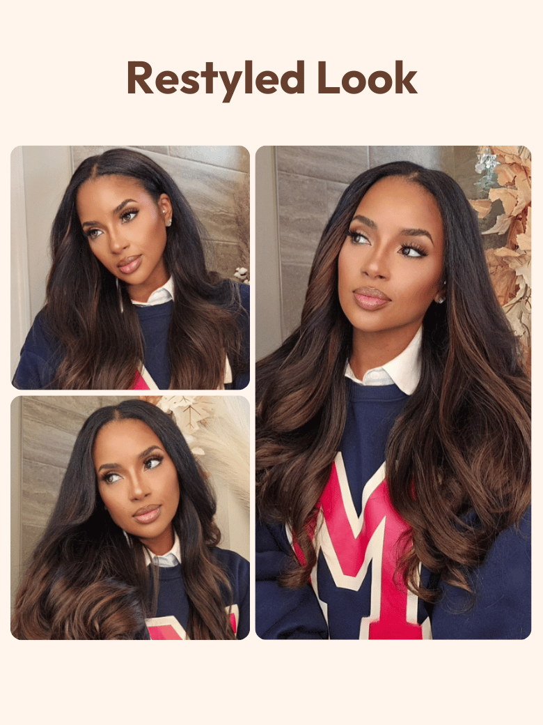 Glueless EasiContour? V Part Black to Chestnut Brown Ombre Yaki Wig With Invisi Drawstring