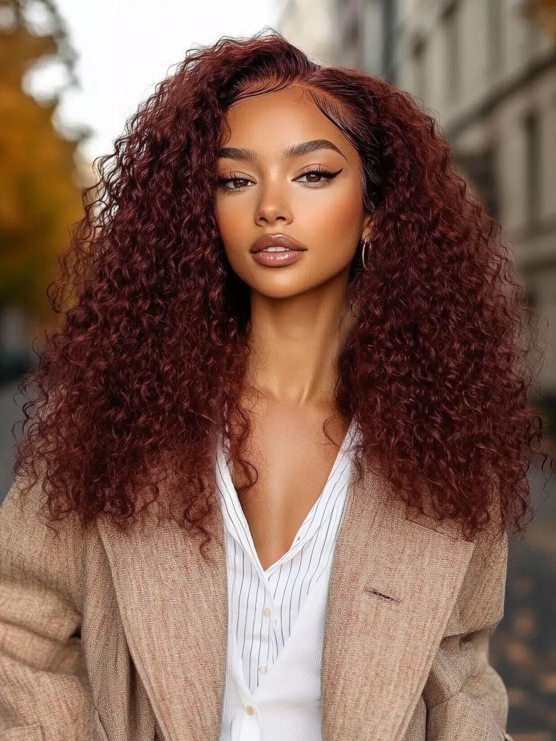 7x5 Bye-Bye Knots? Wig Glueless Lace Reddish Brown Curly Trendy Color Wig With Bleached Knots