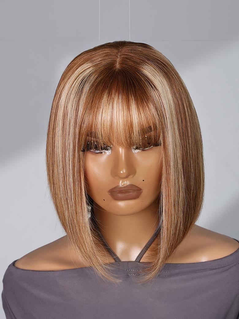 4x0.75 Lace Part Honey Blonde Highlights Straight Bob Wig With Wispy Bangs