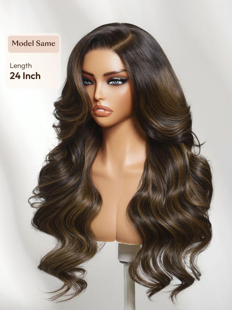 7x5 Bye-Bye Slip? Lace Brown with Caramel Highlights Loose Wave with Face-Framing Layers and Side Swept Bangs