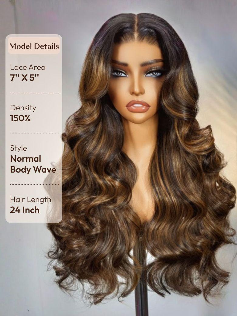 7x5 Bye Bye Knots? Wig Glueless Lace Balayage Highlight Body Wave Drawstring & Curtain Bangs Wig