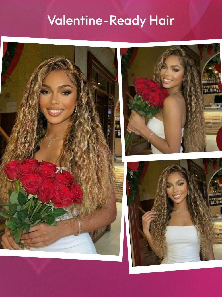 13x4 Pre-Everything? Lace Frontal Caramel Brown With Honey Blonde Highlights Water Wave Glueless Drawstring Wig