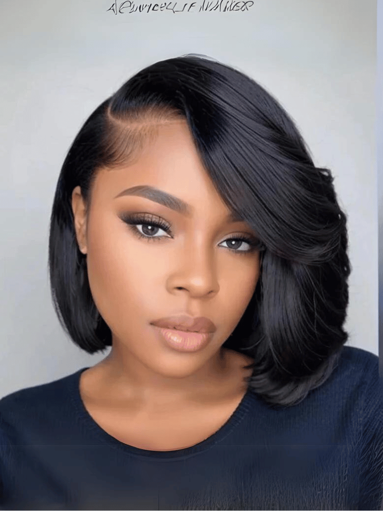 Bye Bye Knots Wig 7x5 Pre Cut Lace Black Feathered Bob Wig 150% Density