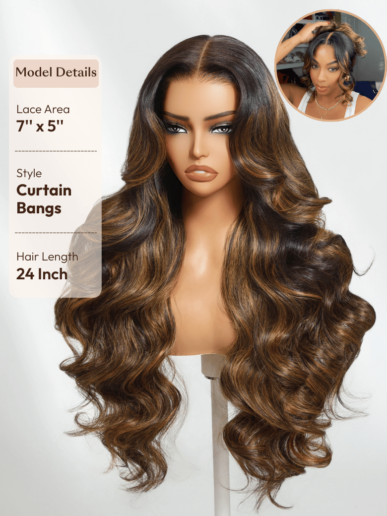 7x5 Bye Bye Knots? Wig Glueless Lace Balayage Highlight Body Wave Drawstring & Curtain Bangs Wig