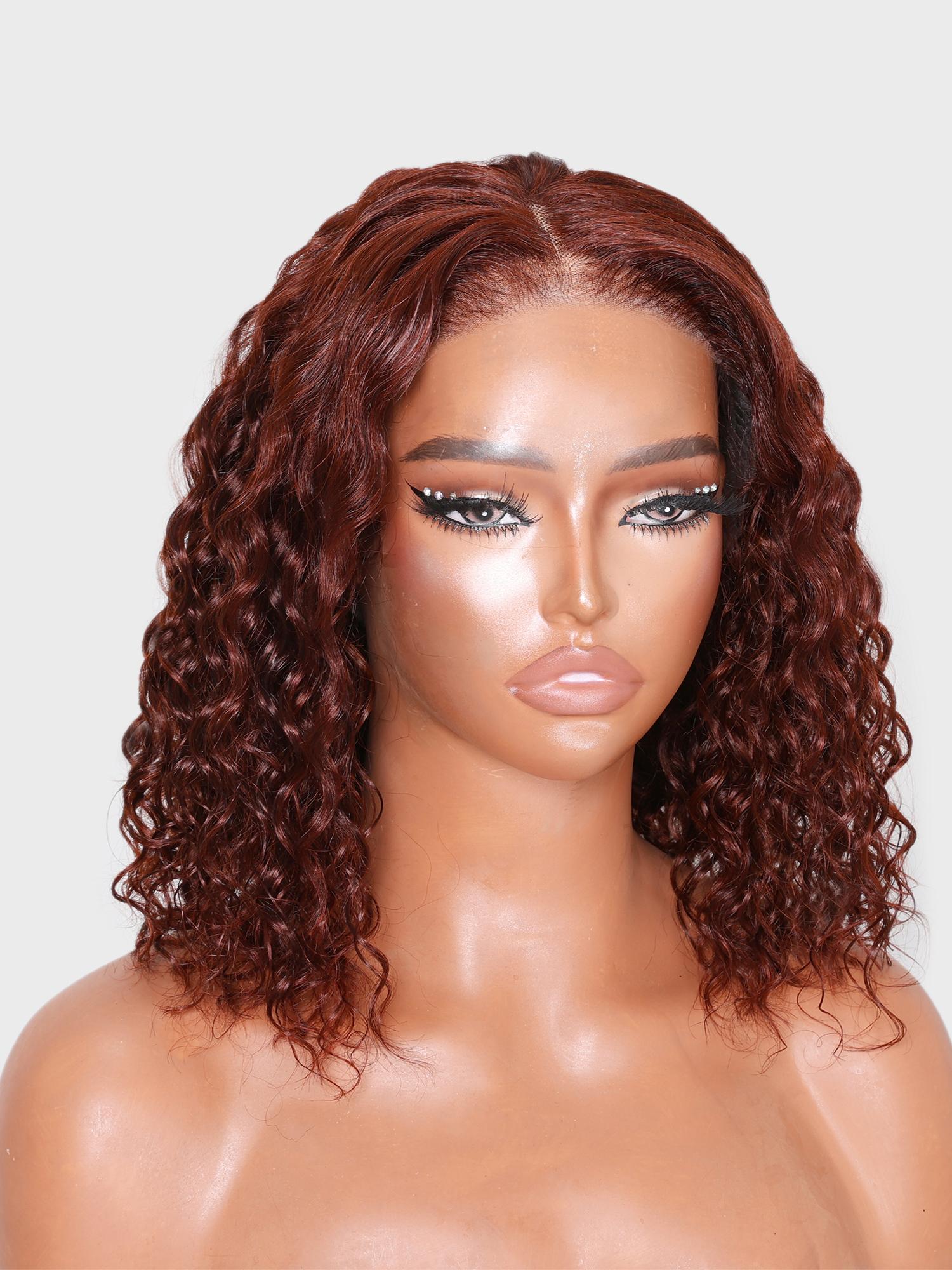 Put On And Go 6x4.5 Pre-Cut Lace Reddish Brown Bouncy Water Wave Air Wig