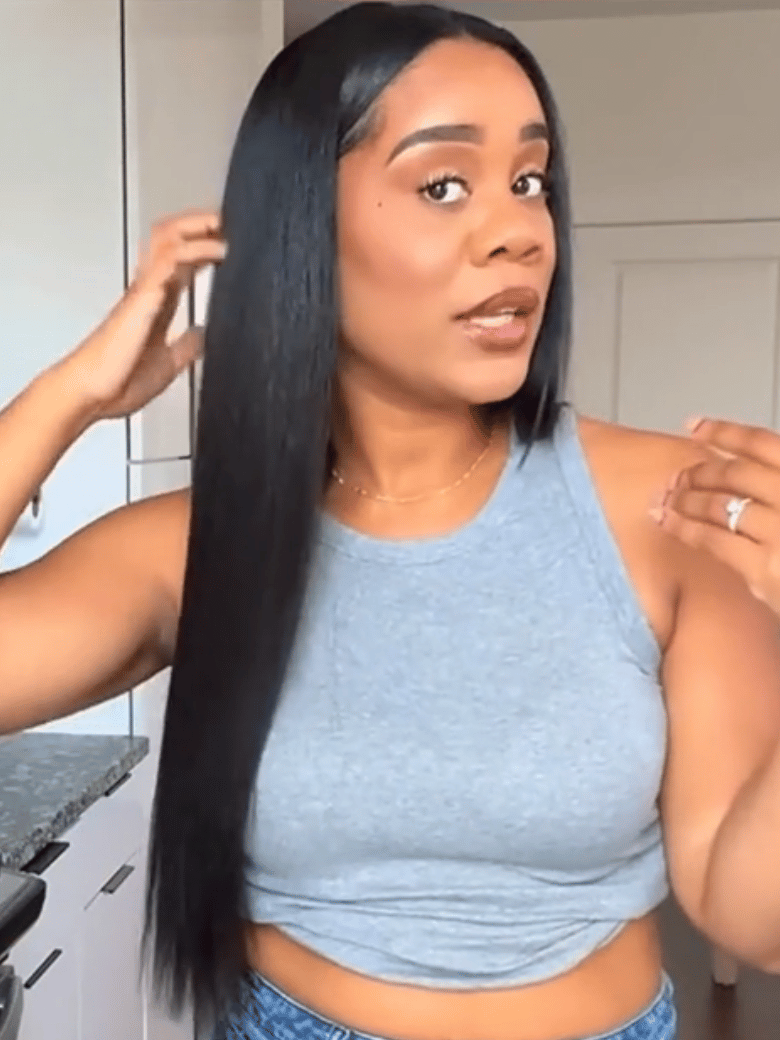InvisiBlend™ V Part Glueless Yaki Straight Natural Black Wig With Invisi Drawstring 100% Human Hair 180% Density