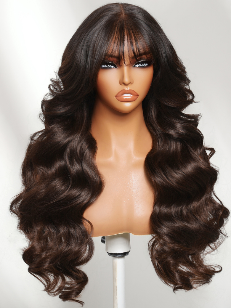 7x5 Bye-Bye Knots? & 13x4 Pre-Everything? Lace Frontal Pull And Go Black Fluffy Natural & Balayage Highlights Loose Wave Curtain Bangs Wig