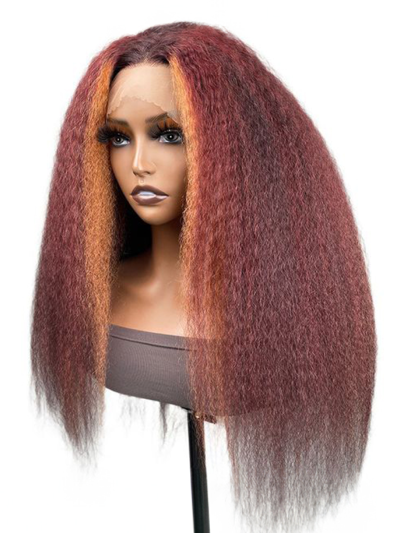 13x4 Lace Front Wig Highlight 4C Kinky Straight Burgundy Mixed Orange Lace Front Wig