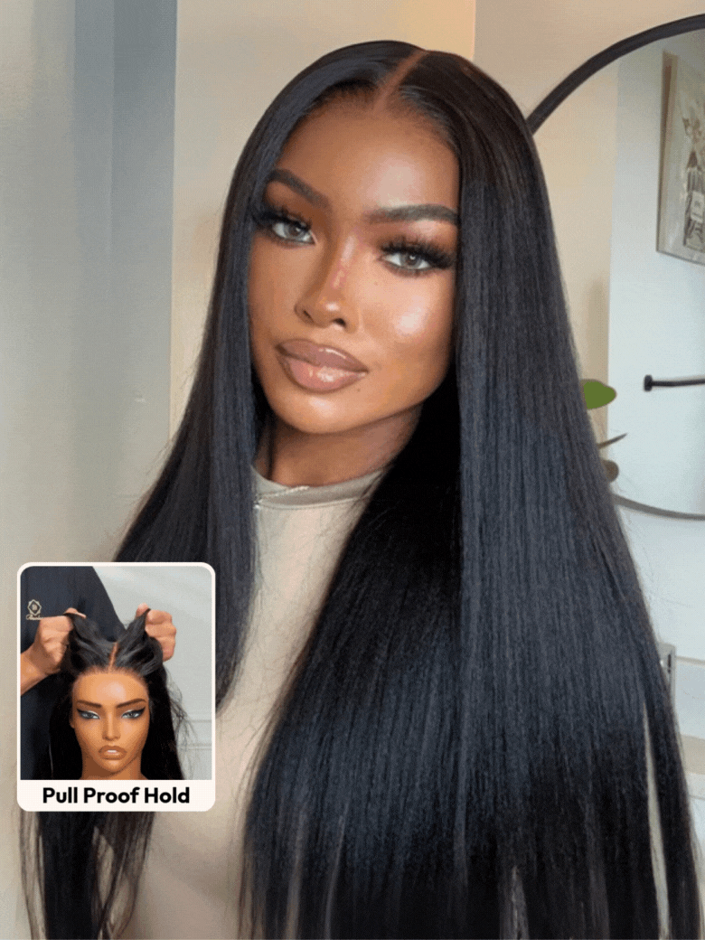 Bye-Bye Slip? Wig Black Yaki Straight Flexible Mesh Cap Wig with Secure Silicone Strips and Drawstring