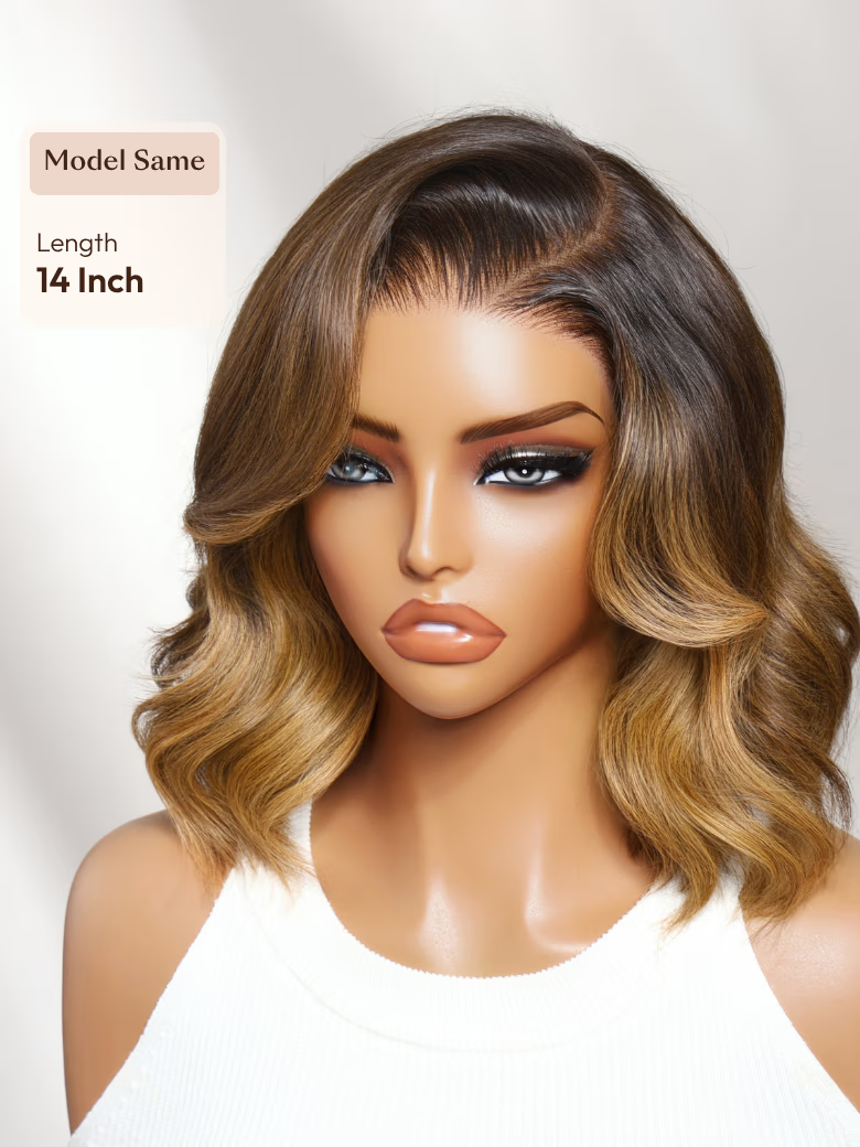 13x4 Pre-Everything? Lace Frontal Brown With Honey Blonde Face-Framing Highlights Wavy Bob Drawstring Wig