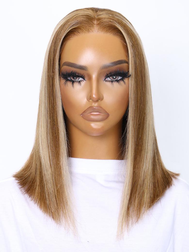 6x4.5 Pre Cut Lace Glueless Bob Wig Honey Blonde Highlights 150% Density