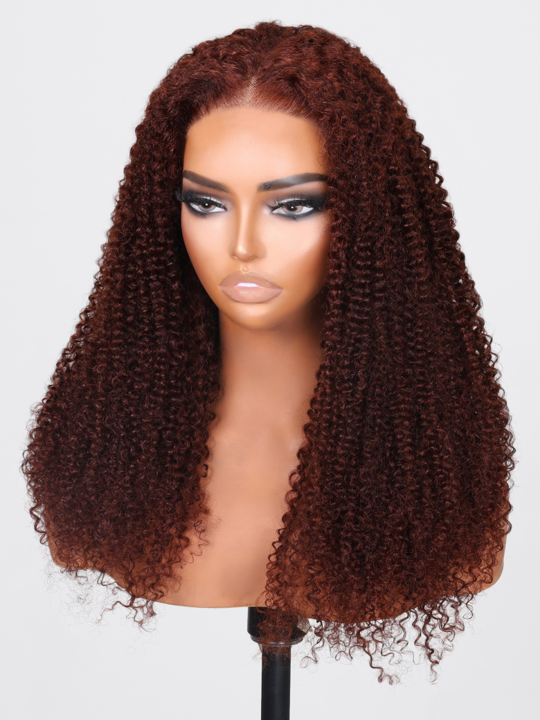 Bye Bye Knots Wig 7x5 Glueless Lace Reddish Brown Kinky Curly Bleached Knots Wig 150% Density