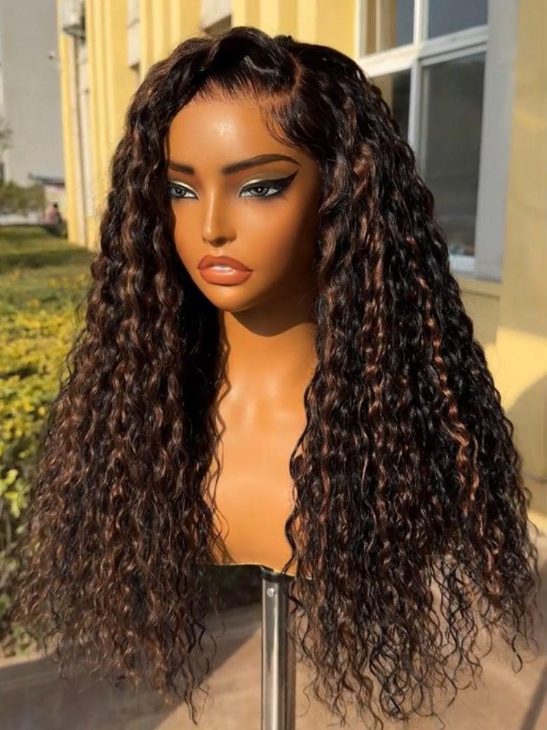 Bye-Bye Knots 7x5 Lace Water Wave Black Wig With Golden Brown Highlights