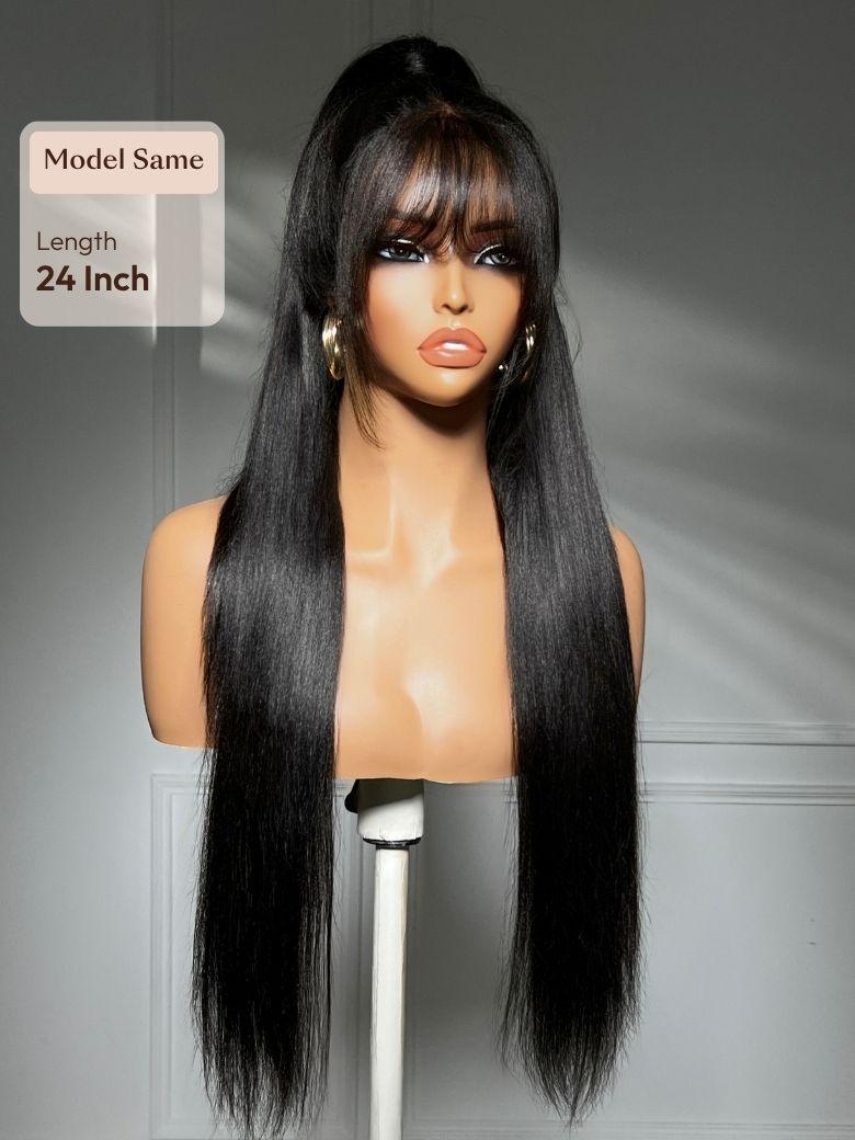7x5 Bye Bye Slip? Lace Black Glueless Long Layered Yaki Straight Drawstring Wig with Wispy Bangs
