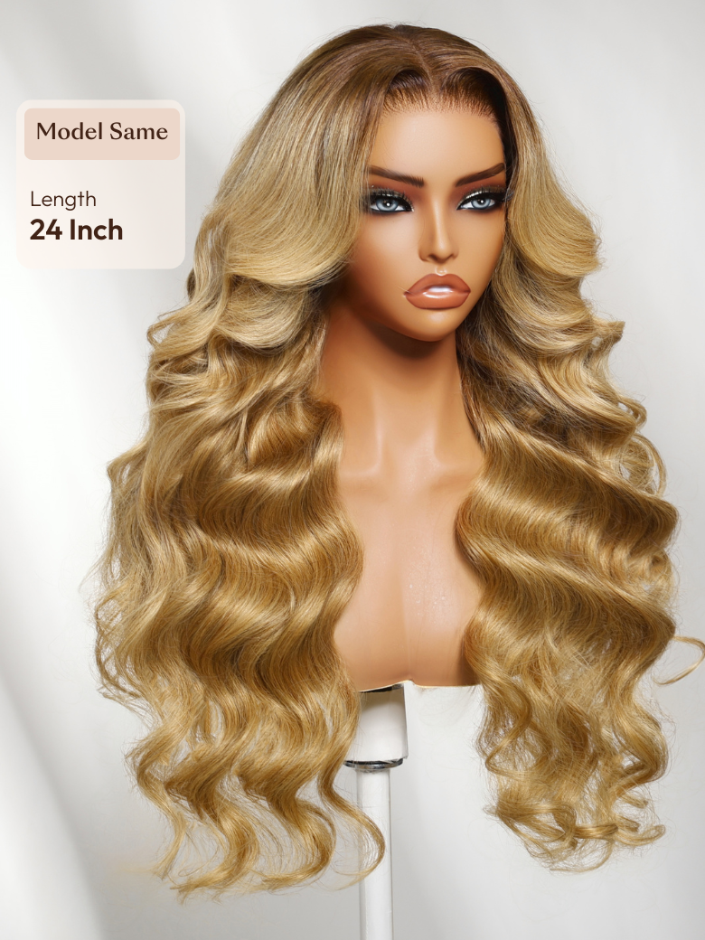 Ash Blonde With Brown Roots No Slip 13x4 Pre-Everything? Lace Frontal Body Wave Wig with Invisi Drawstring