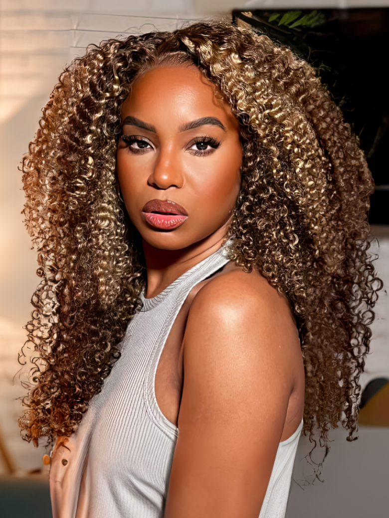 13x4 Pre-cut Lace Front Kinky Curly Honey Blonde Afro 16 Inch Shoulder Length Wig