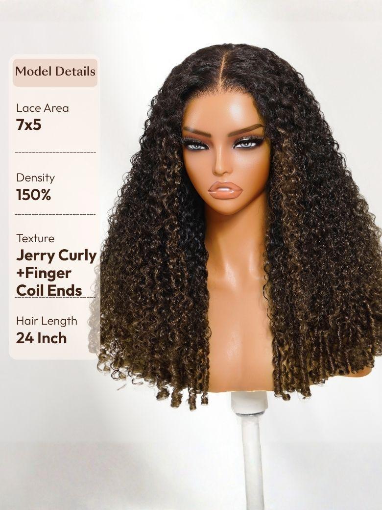 EasiContour? V Part Black to Chestnut Brown Jerry Curly Drawstring Wig & 7x5 Bye Bye Slip? Glueless Lace Burmese Curly With Finger Coil Ends Wig