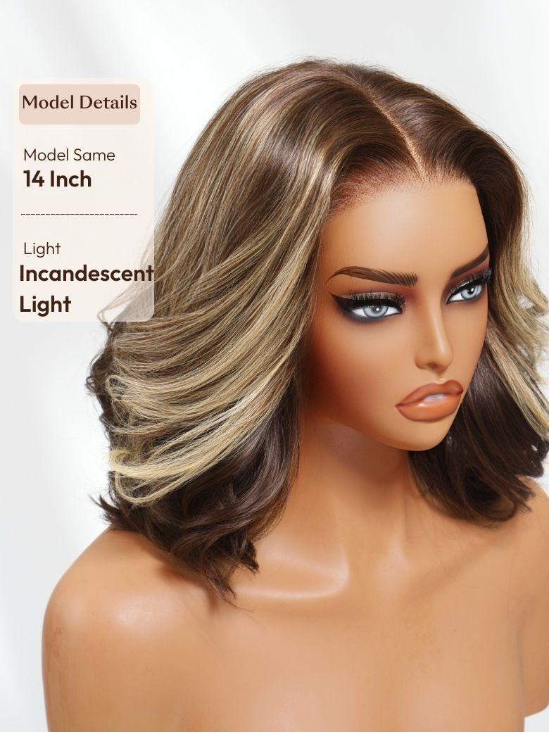 13x4 Pre-Everything? Pre-Cut Lace Frontal Dark Brown with Face Framing Highlights Layered Cut Bob Drawstring Wig