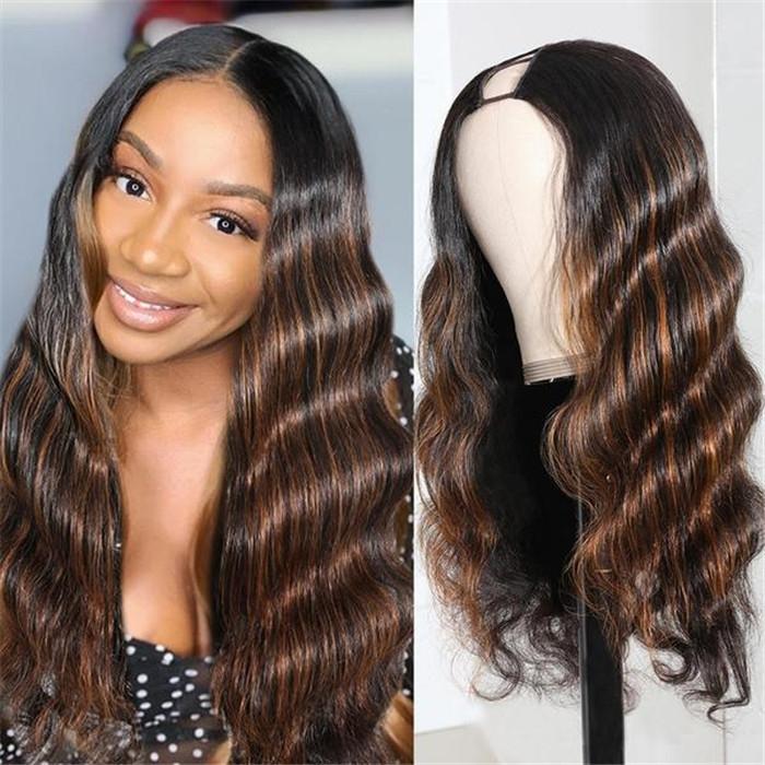 Glueless Brown Highlight U Part Body Wave Wig 3 Minutes Install
