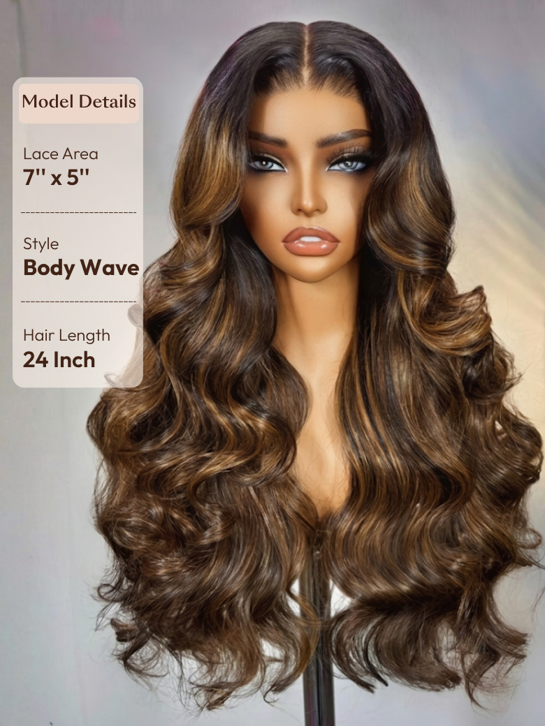24 inch highlighted brown body wave no slip wig with a 7x5 lace closure area on a mannequin.