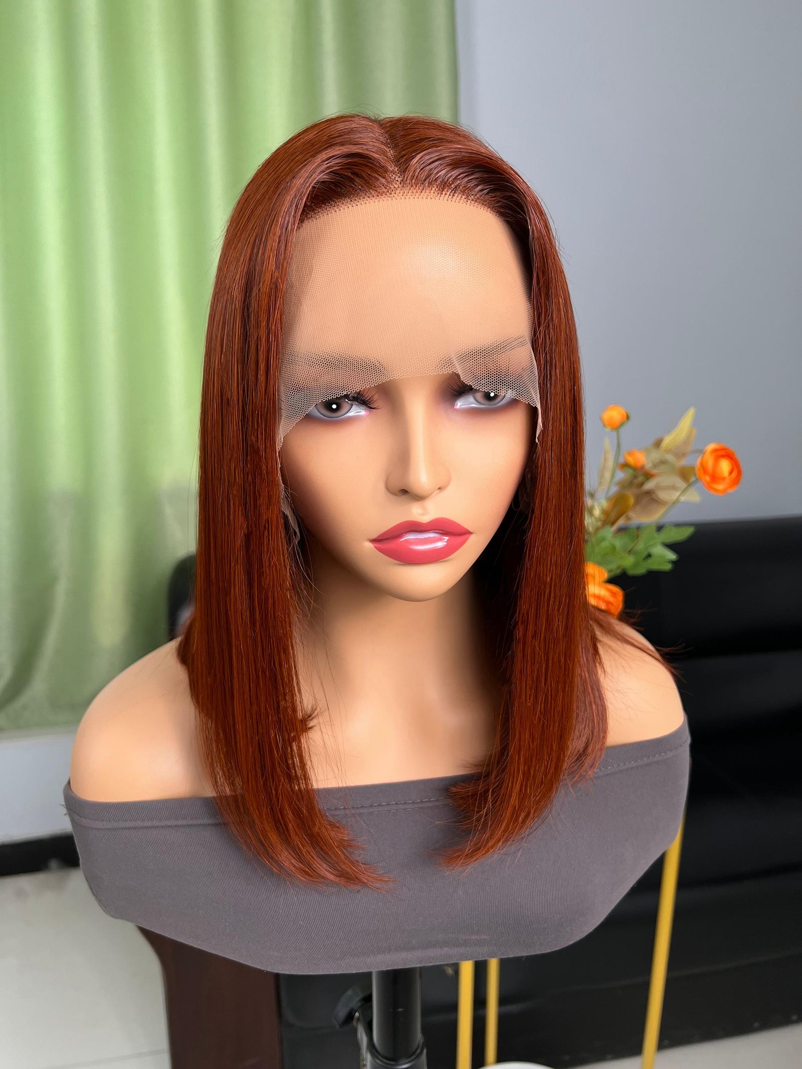 Dark Auburn Brown Long Sleek Bob 13x4 Lace Front Wig