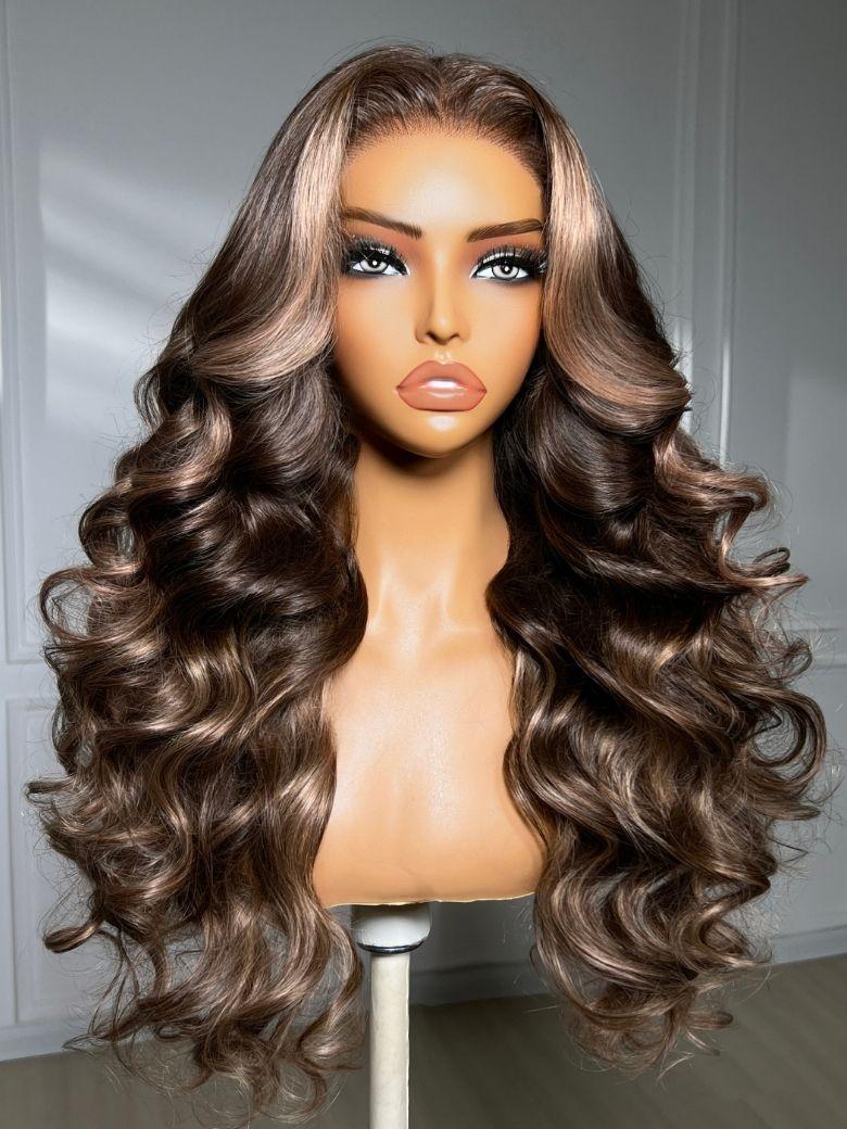 7x5 Bye Bye Slip? Lace Black with Blonde and Caramel Highlights Full Curly Wig with Defined Curls For Beginners