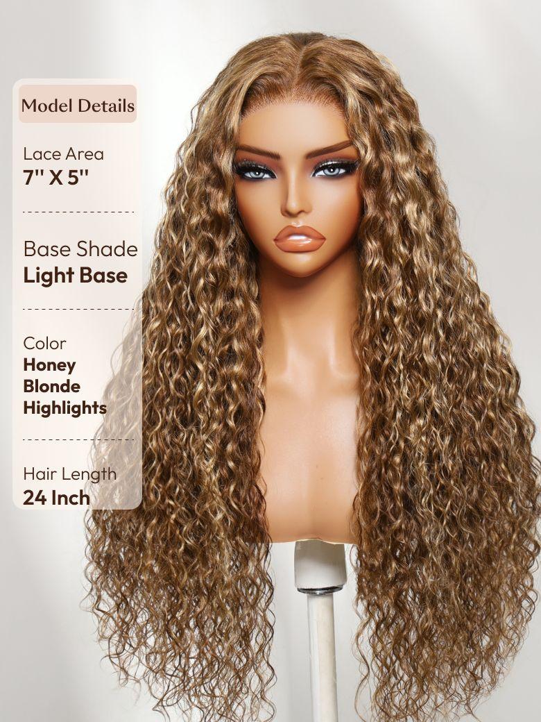 13x4 & 7x5 Bye Bye Slip? Lace Frontal Caramel Brown With Honey Blonde Highlights Water Wave Glueless Drawstring Wig