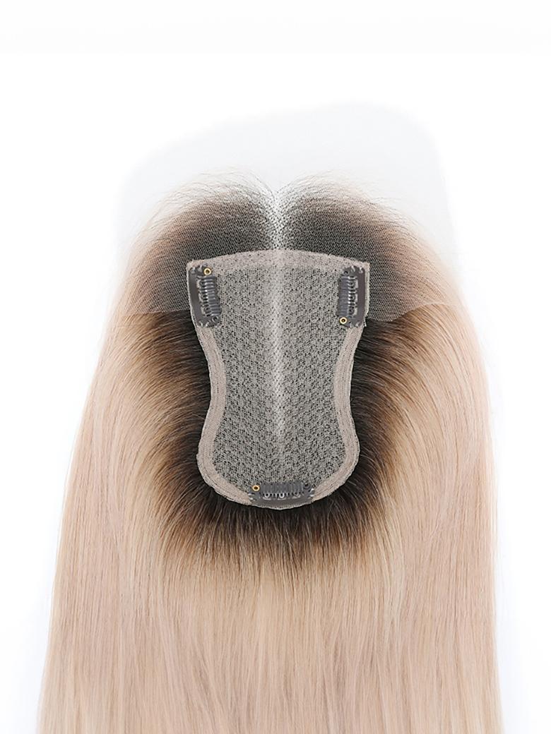 3.5x5.5 HD Lace Sandy Blonde Dark Roots Straight Clip On Hair Topper